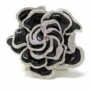 EUC Joan Rivers Classics Collection Black Enamel Rhinestone Gardenia Rose 3" Pin